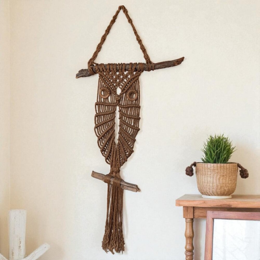 Vtg Boho 70s Handmade Macrame Owl Wall Hanging Jute Driftwood Hippie Rope Art